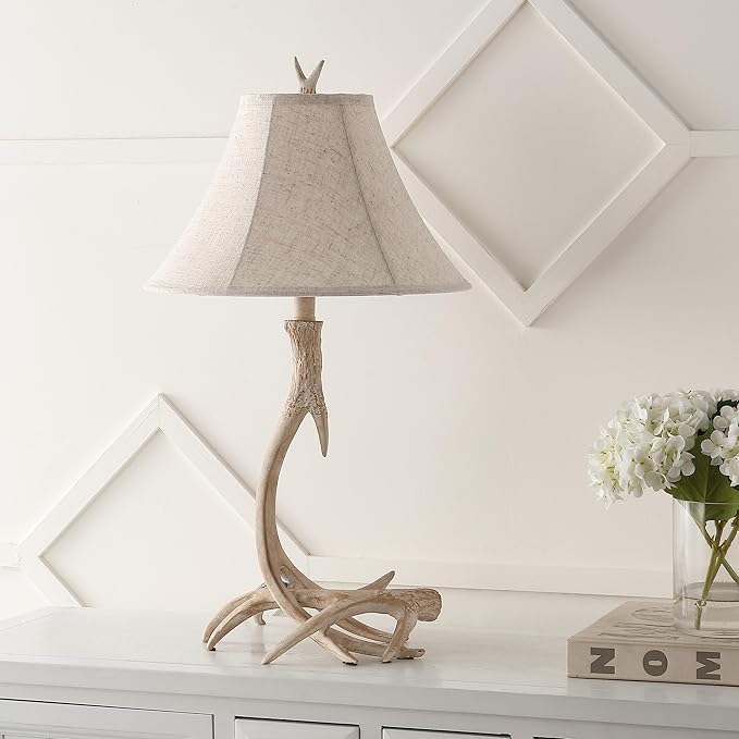 JONATHAN Y 27.5" Beige Antler Rustic Resin Table Lamp for Living Room Bedroom, Light Grey Linen Shade, Farmhouse Lodge Nightstand Lamp, LED Bulb Included (JYL6305B)