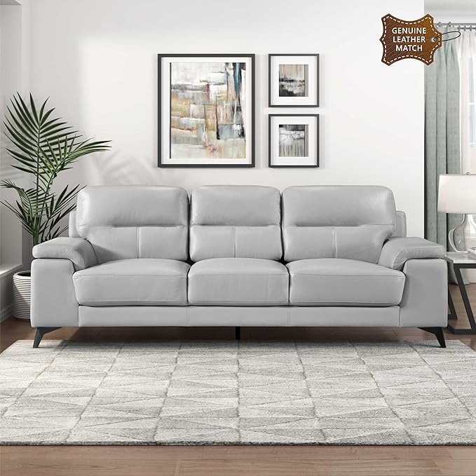 Lexicon Leather Couch, Modern Couch Sofa, Top Grain Leather Sofa, Oversized Sofa for Living Room, Bedroom, Office, Apartment, 3-Seater Couches, Silver Gray