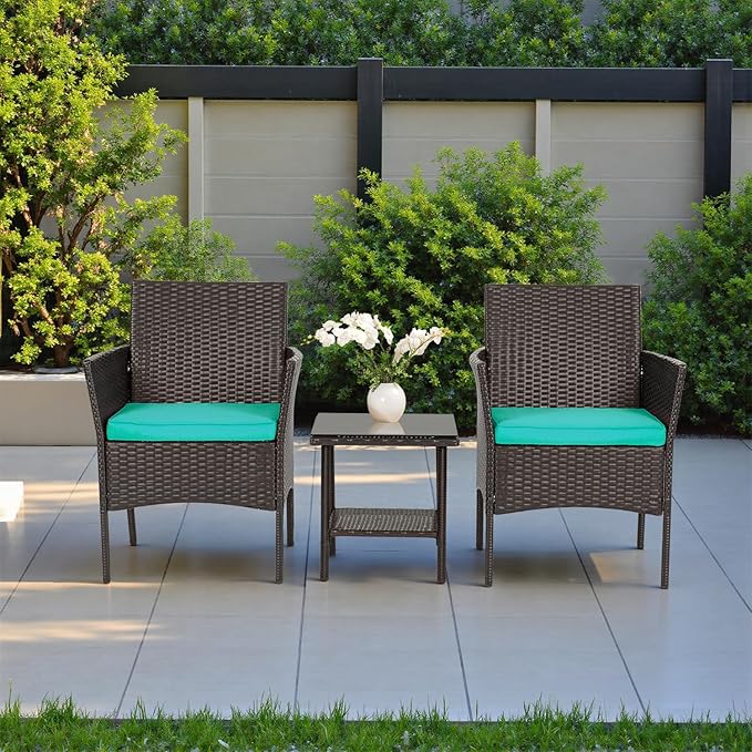 FDW | 3-Piece Patio Furniture Set | Brown & Blue | Outdoor Wicker Furniture with Coffee Table | Modern Rattan Chairs Conversation Set | Outdoor Seating | Weather-Resistant | for Porch, Garden, Lawn