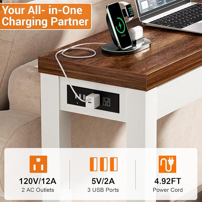 Cyclysio 47" Console Tables for Entryway, Narrow Console Tables for Living Room, Behind Couch Table, Sturdy Wood Support Hallway Table with 3AC+2USB Charging‌ Station, Rustic Oak