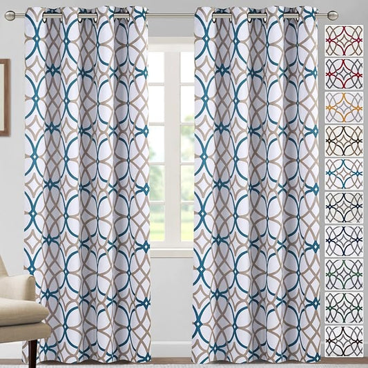 H.VERSAILTEX Blackout Curtains for Bedroom Printed Design 84 Inch Length Thermal Insulated Curtains for Living Room Modern Grommet Window Drapes 2 Panels Set, Teal and Taupe
