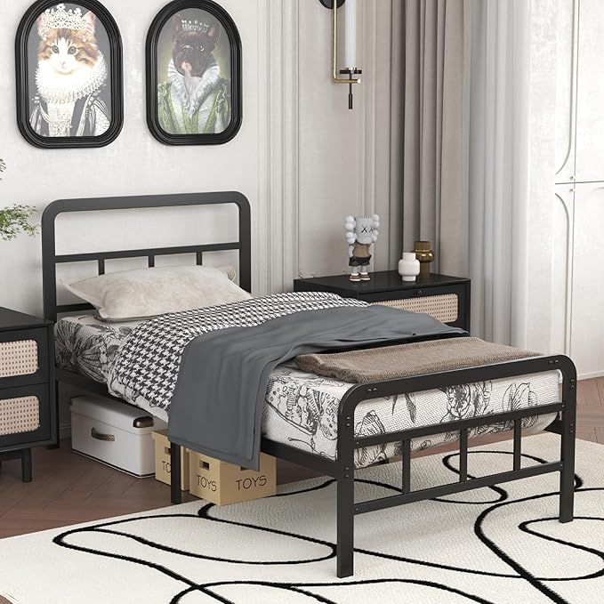Twin XL Bed Frame with Headboard and Footboard 14 Inch, XL Twin Platform Bed Frame with Strong Metal Slats Support, Under-Bed Storage, Noise Free, Easy Assembly, Black