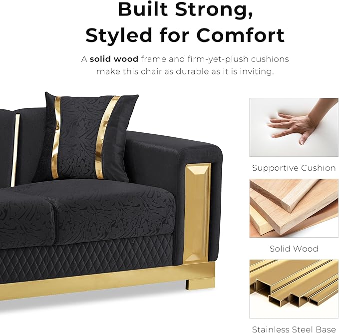 Furniture of America Samison II Glam Solid Wood Upholstered Couch with Accent Pillows, Damask Pattern and Gold Base, Comfortable Sofa for Living Room, Bedroom, Office, Black