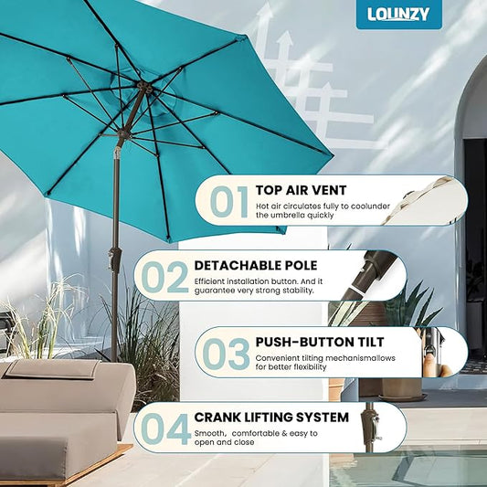 LOUNZY 9FT Large Outdoor Patio Umbrella Table Umbrella-UV Resistant,Easy Push Button Tilt and Crank,8 Sturdy Fiberglass Ribs Pool Umbrella for Patio,Backyard,Deck,Yard,Market