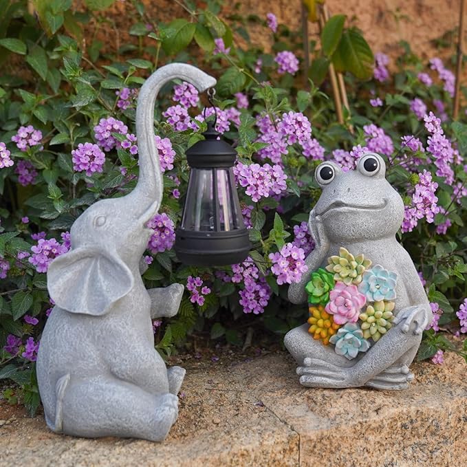 DiliComing Elephant Resin Sculpture - 12 Inch Solar-Powered Outdoor Garden Decor, Housewarming & Birthday Gift for Women, UV-Resistant Coating - Elephant Statue