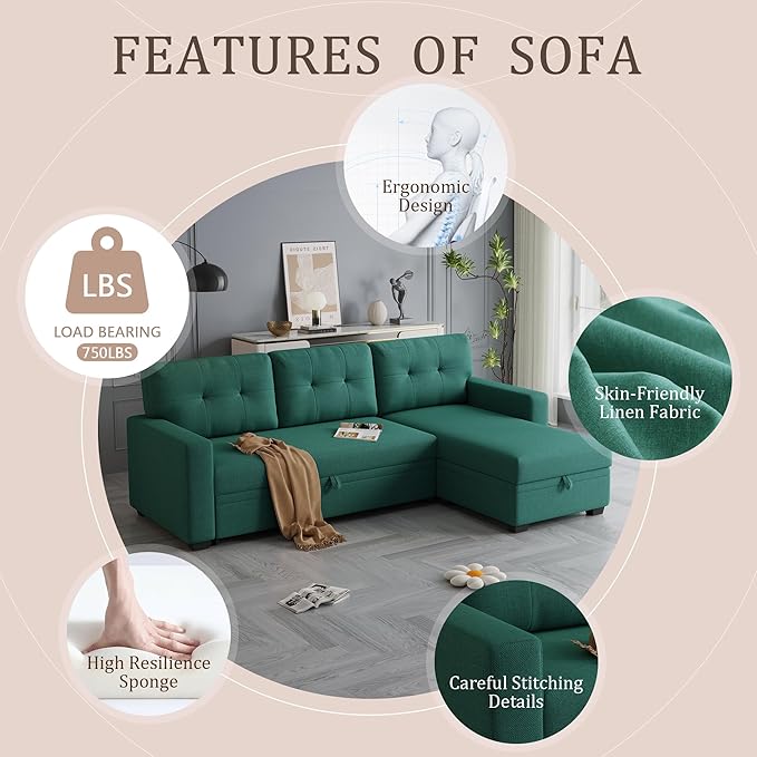 82" L-Shape Convertible Sleeper Sectional Sofa with Storage Chaise and Pull-Out Bed,Modular Corner Couch Lounge,w/Removable 3 Back Cushions and Armrest,for Home Furniture,Green