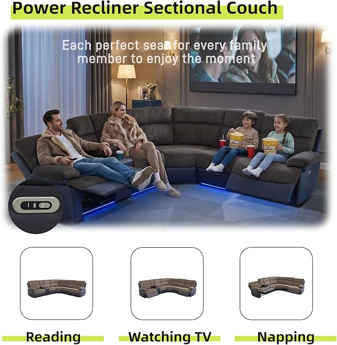 Power Reclining Sectional Sofa, 5 Seat Sectional Couch with Recliners, Soft Corduroy & Breathing Leather Sectional with 2 Recliners,USB Charging Ports,LED Light Strip, Living Room Furniture Set | Breathable material, LED Lighting