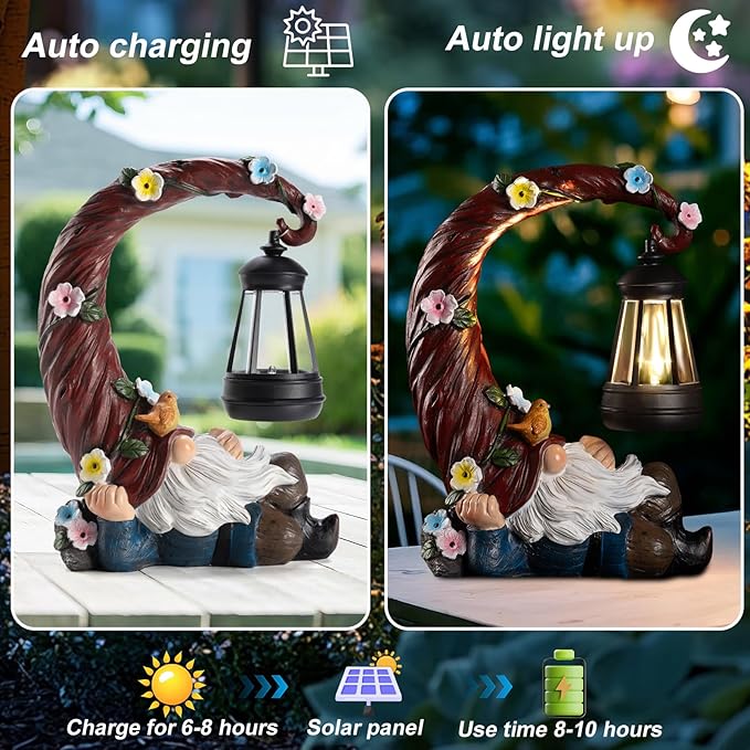 Garden Gnomes Outdoor Statue with Solar Light, Waterproof Resin Gnome Decor, Funny Garden Sculptures for Patio Lawn Yard, Mom Gifts for Mother’s Day Housewarming