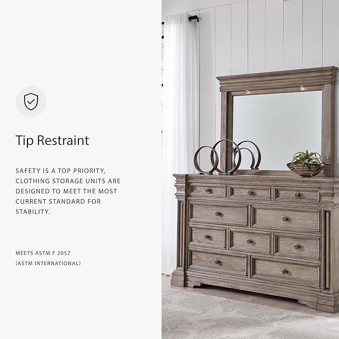 Signature Design by Ashley Blairhurst Traditional 10-Drawer Dresser and Mirror with Safety Stop, Felt-Lined Top Drawer and LED Lights, Light Brown