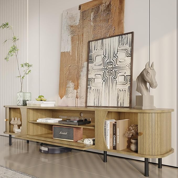 basenji 79" Fluted TV Stand with Sliding Doors & Rattan,Mid Century Modern Entertainment Center with Storage,Curved Edge Design,Media Console for TVs up to 85",TV Consoles for Living Room,Wood