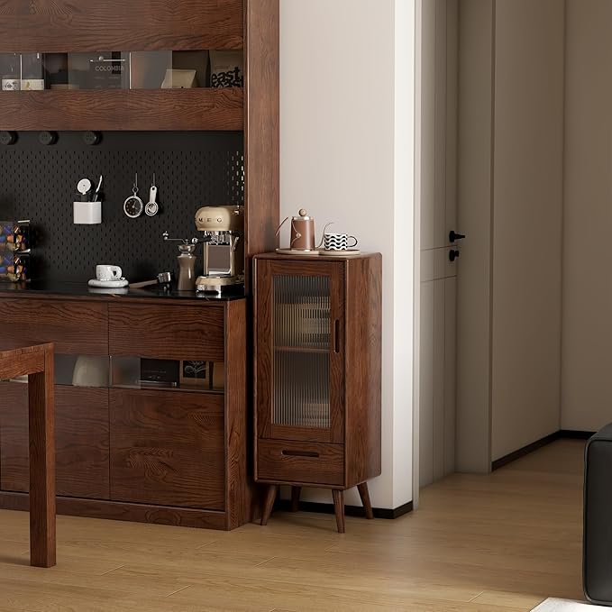 100% Solid Oak Storage Cabinet, Mid Century Modern Buffet Cabinet with Storage, Wooden Sideboard with Door and Adjustable Shelves for Living Room, Kitchen(12.6"D x 14.9"W x 39.3"H, Walnut)