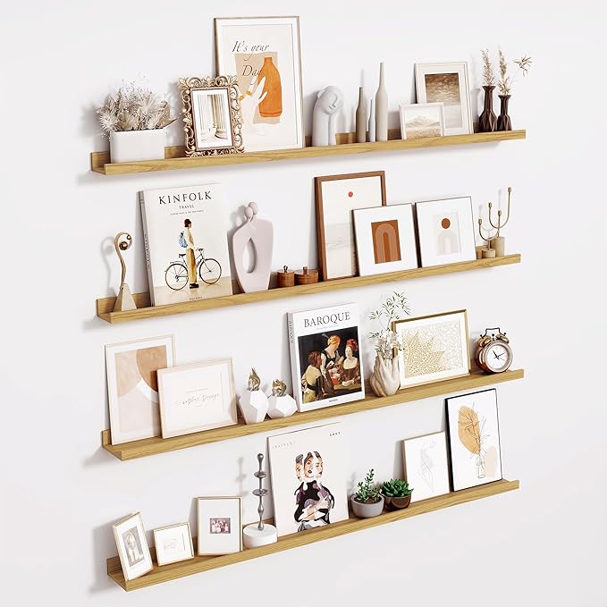 Fun Memories Picture Ledge Shelves Set of 4-48 Inch Shelves with Lip - Large Nursery Bookshelf for Storage - Floating Shelf Wall Mounted for Living Room - Bedroom -Kitchen - Oak Color