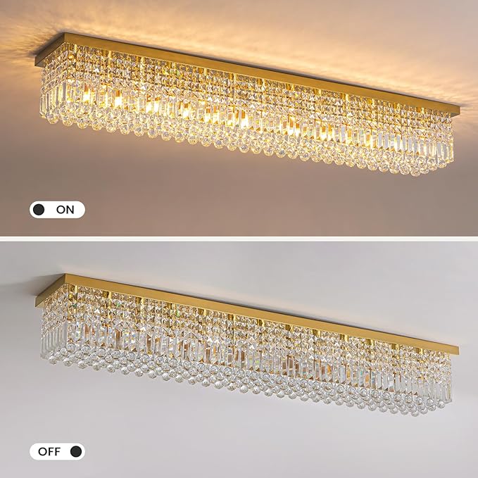 7PM Rectangular Chandelier, Modern Dining Room Light Fixture with Raindrop Chandelier Crystals, 13-Light Flush Mount Rectangle Chandelier for Dining Room, Living Room,Brass Finish L59'' x W10'' x H9''