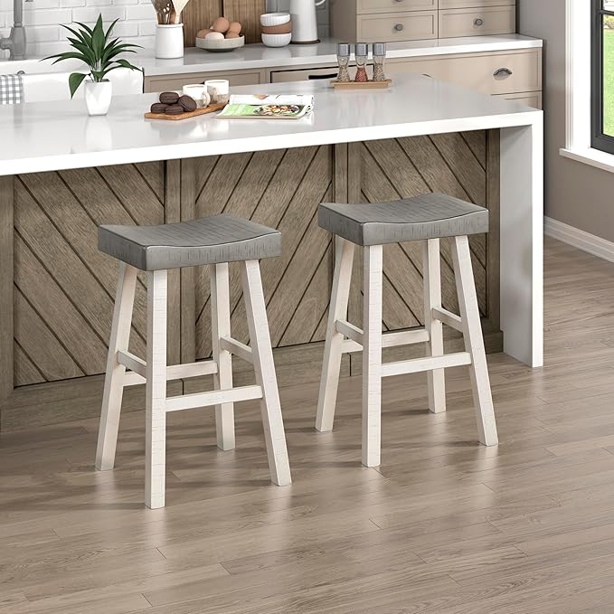 Lexicon Bar Height Bar Stools Set of 2 - Solid Wood Pub Chairs with Footrest, Armless Kitchen Chairs for Island, Living Room, Breakfast Nook, Sturdy, Transitional 30.5" High - White/Coffee
