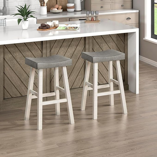 Lexicon Bar Height Bar Stools Set of 2 - Solid Wood Pub Chairs with Footrest, Armless Kitchen Chairs for Island, Living Room, Breakfast Nook, Sturdy, Transitional 30.5" High - White/Coffee