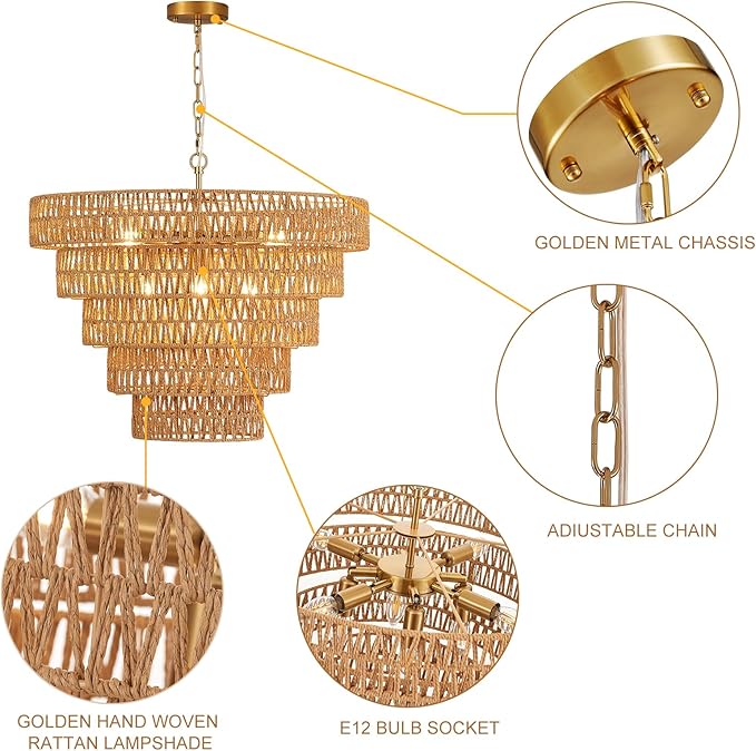 25.6" Hand-Woven Rattan Chandelier Light Fixture 8-Light Vintage Farmhouse Hand-Woven Boho Bamboo Rattan Chandelier 5-Tier Drum Wicker Golden Chandeliers for Dining Room, Kitchen, Living Room