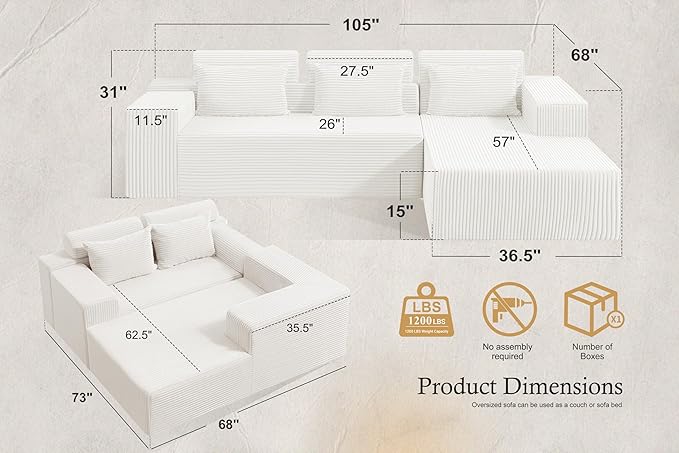 HABUTWAY Sectional Couches for Living Room,No Assembly L Shaped Couch 105" Modular Sectional Sofa Couch with Deep Seat,Cloud Couches Furniture Sets for Apartment,Corduroy (Beige, Right Facing)