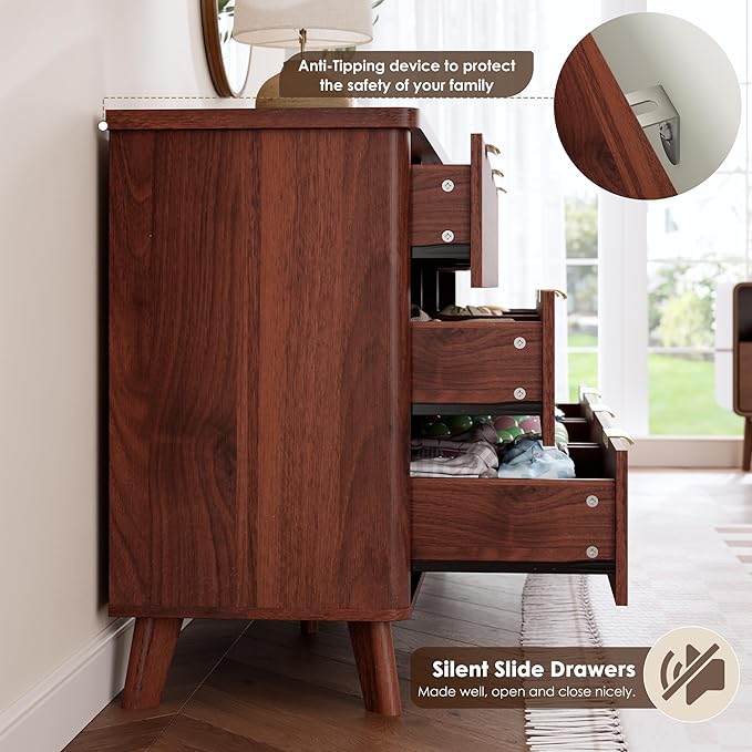Garvee 9 Drawers Dresser for Bedroom, 60.6" Wide Dressers with Curved Profile Design, Fluted Wood Drawers with Gold Handle, Modern Chest of Dressers with Thickened Design for Living Room, Walnut