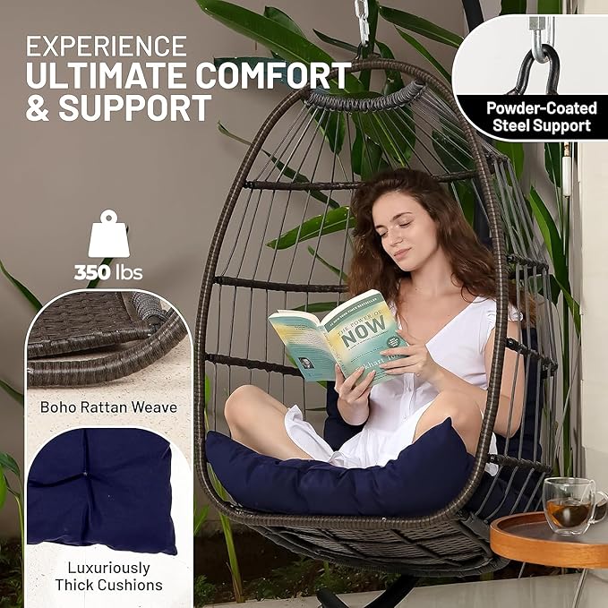 SereneLife Egg Chair with Stand – Hanging Rattan Wicker Swing for Indoor Outdoor Use – 350 lbs Capacity, Breathable Cushion & Headrest – Patio, Balcony, Porch, Bedroom Lounge Furniture