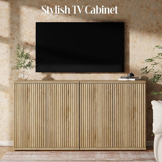 Fluted Buffet Cabinet Sideboard with Storage, Wooden Credenza with 2 Doors & Adjustable Shelf, Modern 15" Deep Accent Cabinet for Living Room, Kitchen Dining Room Entryway,Natural Oak