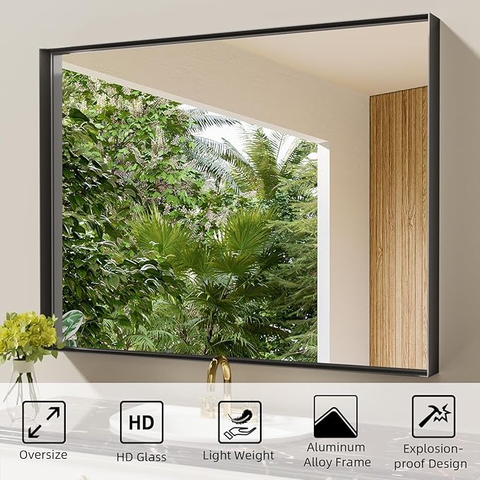48”x 30” Black Bathroom Mirrors for Over Sink,Large Wall Mounted Rectangular Mirror, Metal Framed, Tempered Glass, Black Bathroom Vanity Mirror, Horizontal/Vertical
