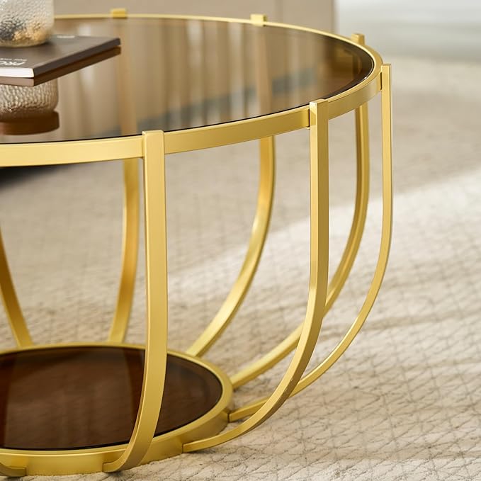 Saint Mossi Glass Round Coffee Table for Living Room, Modern 2-Tier Gold Drum Center Table, Brown Glass Top, Glass Shelf with Gold Finish Legs & Frame, W30xH16.5