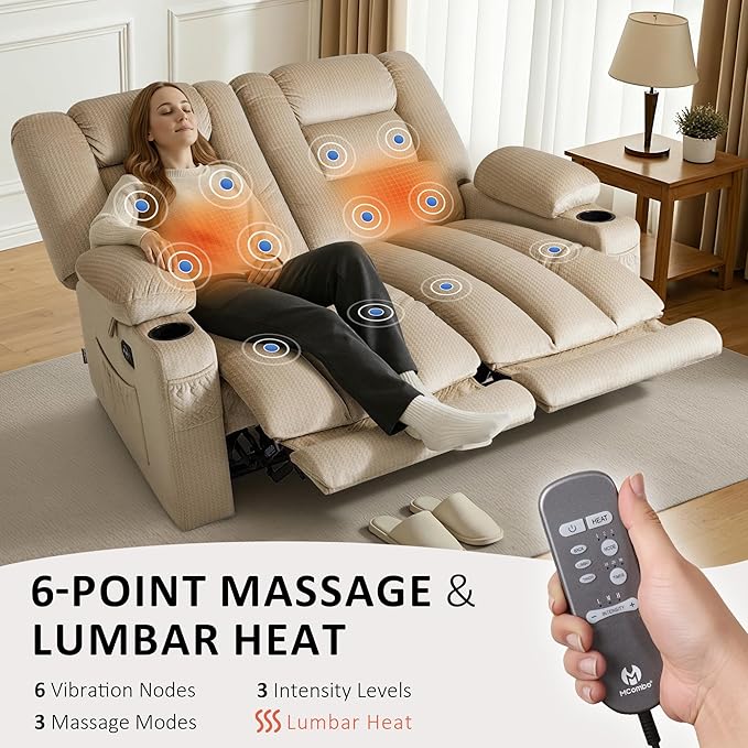 MCombo 55.9" Zero Gravity Power Loveseat Recliner with Heat and Vibration Massage, Reclining Loveseat Sofa with USB Ports, Cup Holders for Living Room, Fabric PR648SET (Beige)