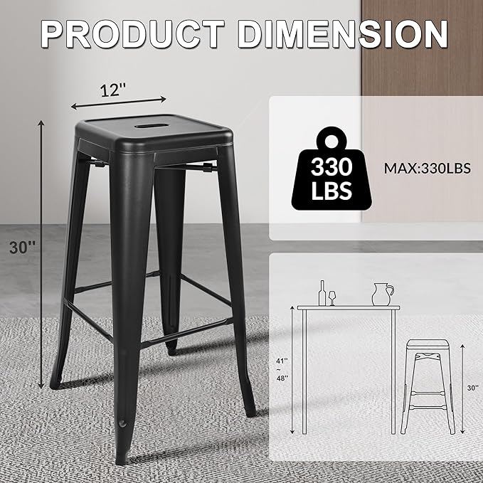 Elevon 30 Inches Metal Bar Stools, High Backless Stools, Indoor Outdoor Stackable Kitchen Stools, Set of 4, Graphite