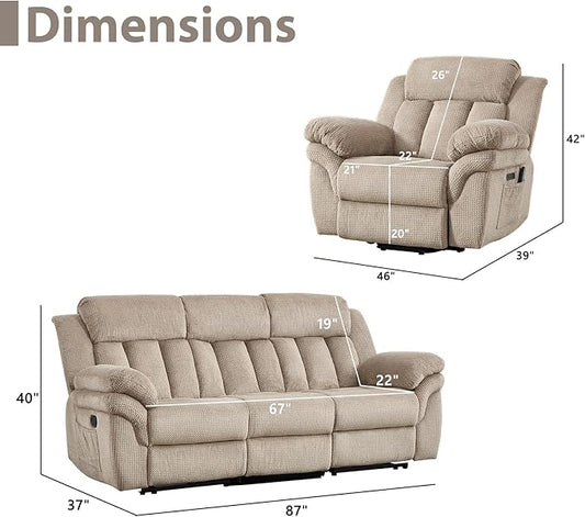 CANMOV Recliner Sofa Set, 2 Oversize Power Lift Recliner Chair and Manual Loveseat with Overstuffed Armrest for Living Room,Bedroom Furniture,Office,1+1+3 Seat, Light Brown