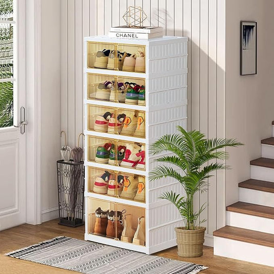 Foldable Storage Box - Clear Stackable Shoe Organizer with Lids - Large 6 Layer Shoe Rack Cabinet