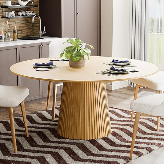 Casaphoria 60" Round Dining Table, Modern Wood Kitchen Table with Cone Grating Bar Base for Living Room & Dining Room, Easy Assembly Farmhouse Furniture for 4-6, Oak