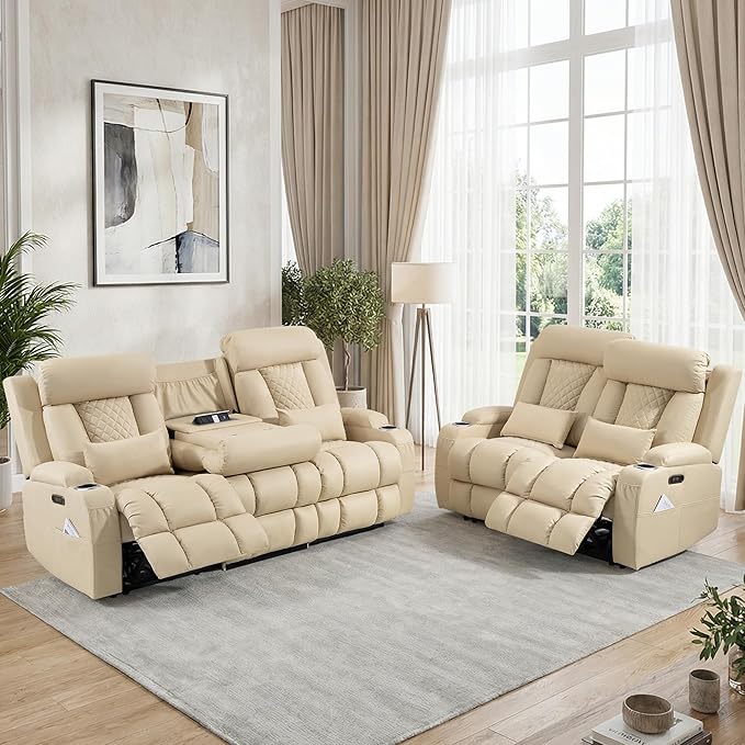2-Piece Power Reclining Sofa Set, 3-Seater Sofa with Drop-Down Console & 2-Seater Loveseat, Zero Wall Hugger Electric Recliner Couch with Adjustable Headrest, AC Outlets (Beige, 2+3)