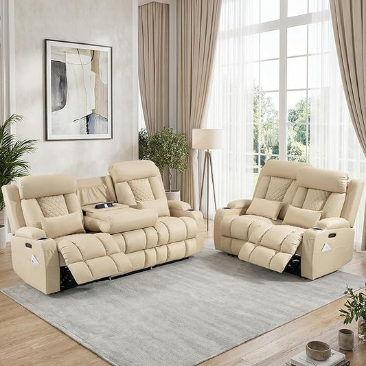 2-Piece Power Reclining Sofa Set, 3-Seater Sofa with Drop-Down Console & 2-Seater Loveseat, Zero Wall Hugger Electric Recliner Couch with Adjustable Headrest, AC Outlets (Beige, 2+3)