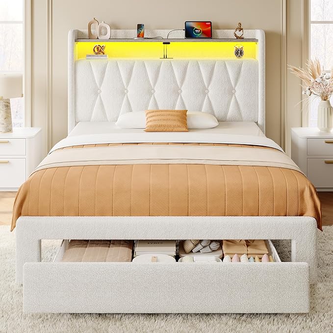 Rolanstar Twin Bed Frame with Drawer, Storage Headboard with Charging Station and LED Lights, Upholstered Bed with Heavy Duty Wood Slats, No Box Spring Needed, Noise Free, Easy Assembly, Beige