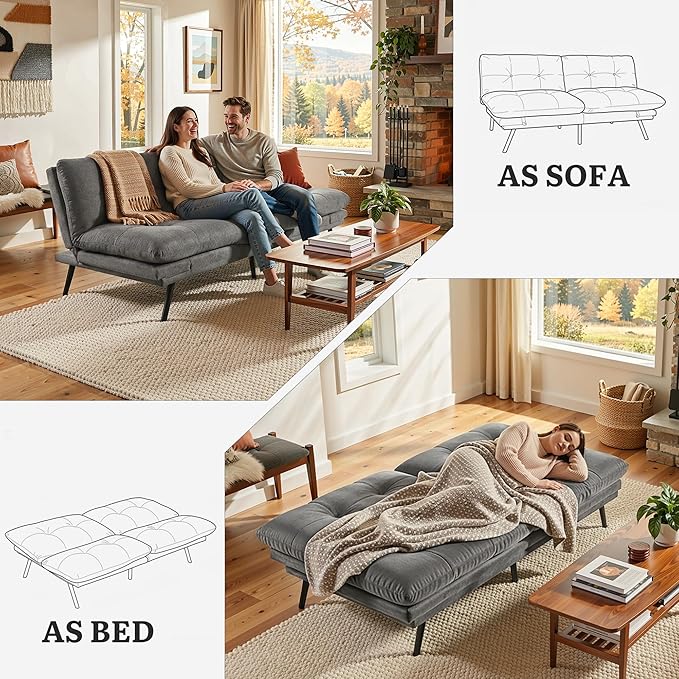 YITAHOME Convertible Futon Sofa Bed with Adjustable 3 Color Light Strip, 70" Folding Futon Set for Living Room Home Office Aprtment, Modern Futon Couch with Adjustable Backrest & Armrests, Grey