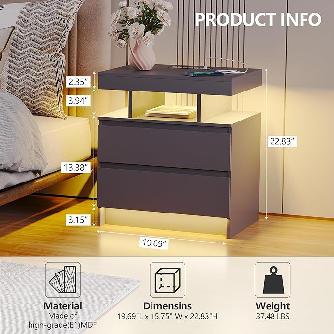 dnbss Nightstand with Charging Station and LED Light, Modern Night Stand with 2 Drawers, Smart Nightstand with USB Ports and Wireless Charger, Bedside Table for Bedroom (Grey)