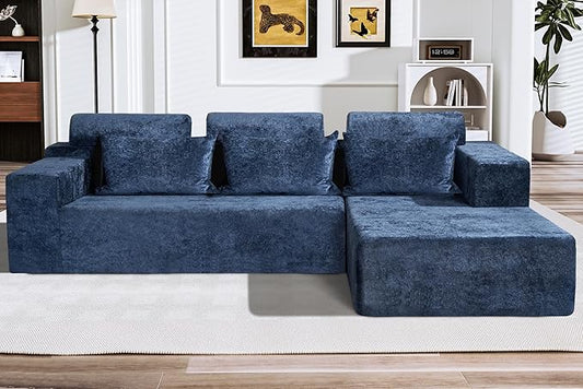 HABUTWAY 105" L-Shape Modular Sectional Sofa Couch for Living Room,No Assembly Required,Modular Comfy Sofa with Deep Seat for Living Room Bedroom,Luxury Distressed Velvet(Right,Blue)