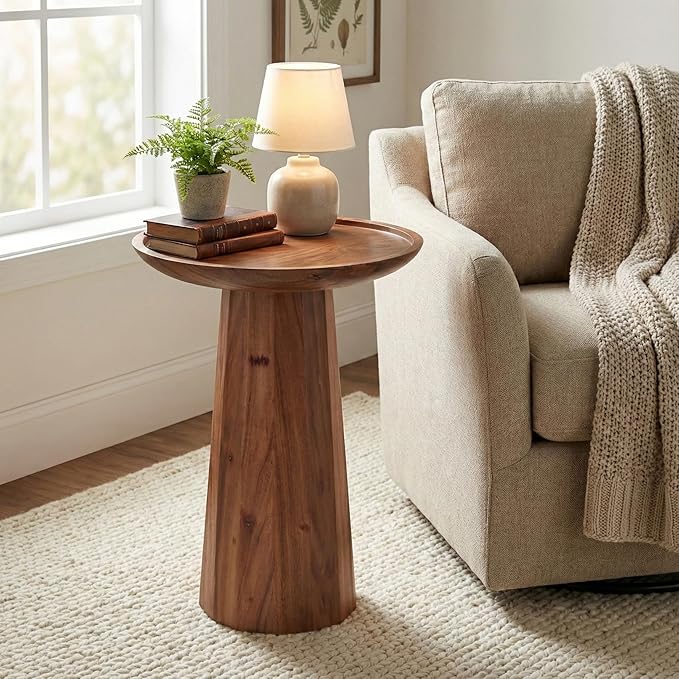 SIMPLIHOME Dayton End Table - 13 inch Wide Solid Acacia Wood Round Accent Table in Pecan Brown, Handcrafted Contemporary Nightstand or Lamp Stand for Living Room with Textured Finish, Assembled
