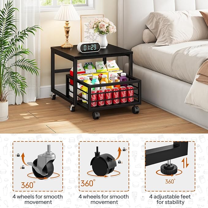 HOOBRO Mini Fridge Stand with Movable Storage Basket, Mini Fridge Cabinet with Wheels and Adjustable Feet, Sturdy Metal Frame, for Home, Apartment, Office, Black BB155TL01