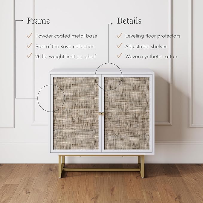 Nathan James Kova Rattan Wood Accent Natural Sideboard Storage Cabinet TV Stand with Matte Metal Frame, Adjustable Shelves and Cane Doors, for Hallway, or Living Room, White/Cane/Brass, Set of 2