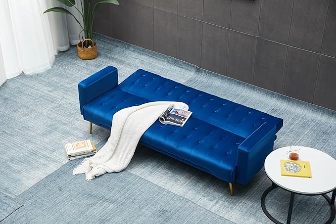 Eafurn Convertible Futon Sofa Bed, 75″Velvet Fabric Futons Loveseat Couch with Adjustable Backrest, Folding Sleeper Recliner Daybed for Living Room Furniture | Golden Legs, Wood Frame