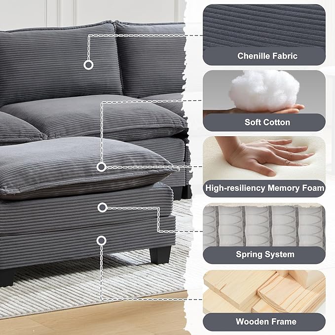 103" Oversized Modular Sectional Sofa Couch with Reversible Ottoman, Free Combination Convertible Corner Couch,Corduroy Upholstered Cloud Sectional Couch with Side Pockets | Multiple Cushions, DIY Combination, Removable Cover
