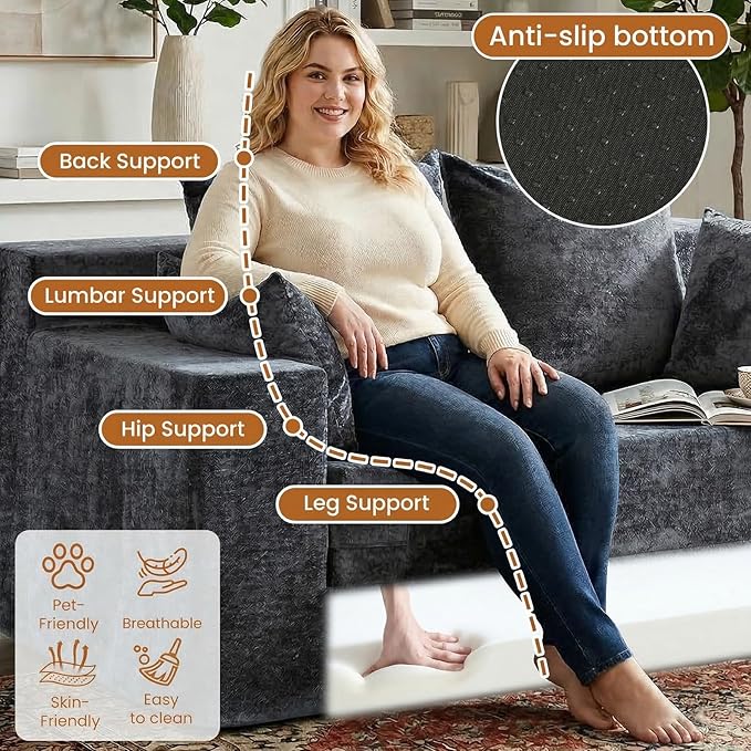 Convertible Sofa Bed, 5 in 1 Small Boneless Couch Pull Out Loveseat Sleeper Sofa,Corduroy Futon Couch Folding Mattress with 4 Pillows for Living Room (Dark Gray, Loveseat(Silky Velvet))