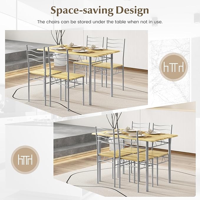 COSTWAY Kitchen Table Chairs Set of 4, 5 Piece Metal Rectangular Dinette Set w/Non-Slip Pad, Space-Saving Design, Modern Dining Room Table Set for Small Place Breakfast Nook Restaurant (Light-Walnut)