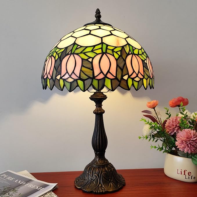 Tiffany Table Lamp 3-Color Light Stained Glass Lamp Tiffany Style Vintage Beside Reading Lamp 12 inch Living Room Light Flowers Style Antique Nightstand Light (Pink Tulip)