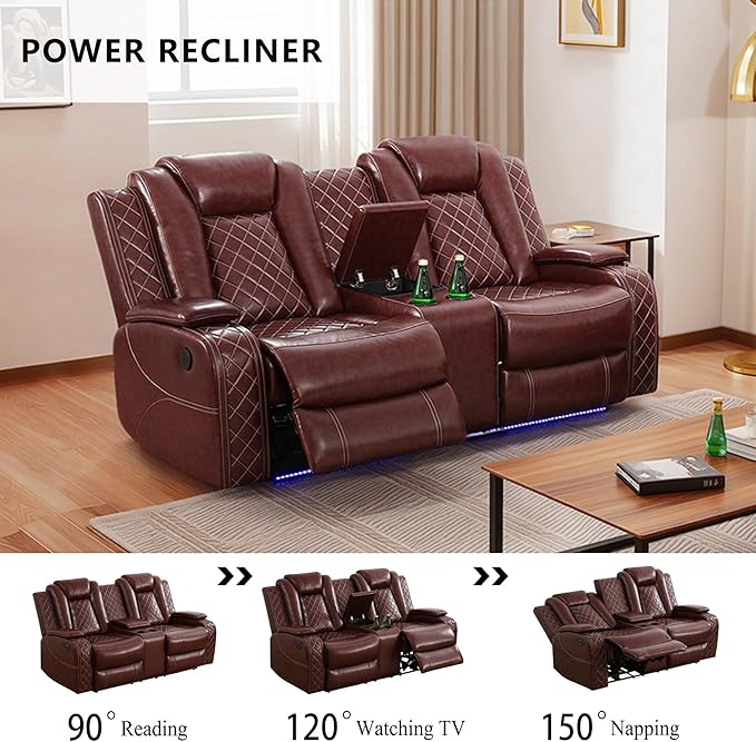 Breathing Leather Power Recliner Sofa Set, 2 Piece Leather Loveseat and Recliner Chair Set, Living Room Furniture Set with Storage Console/LED Lighting (Auburn, Loveseat+Chair)