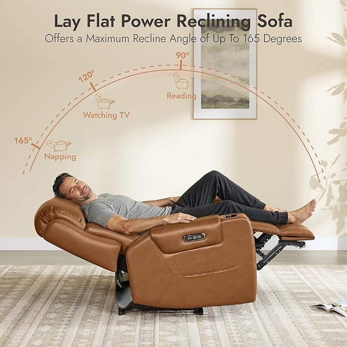 Watson & Whitely Genuine Leather Power Recliner Sofa, Lay Flat Reclining Sofa with Storage Console, Power Headrest & Cup Holders, 3 Seater Electric Reclining Couch for Living Room, Saddle Brown