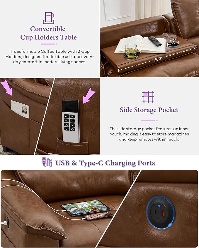 TYBOATLE Electric Reclining Sectional Couch, Power Recliner Sofa w/USB & Type-C Charging Ports and Cup Holders, Leather Reclining Sofa for Living Room, Home Theater (Brown)