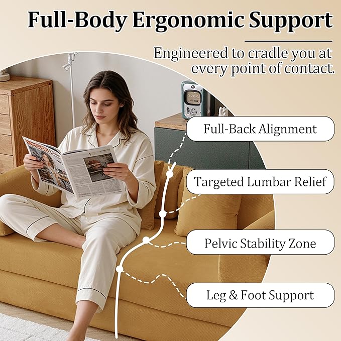 87'' Convertible Compressed Corduroy Folding Cloud Sofa Bed, Modern Modular Boneless Pull Out 3 Seater Sleeper in a Box, 5 in 1 Foldable Floor Mattress Couch, No Assembly Need, Yellow, Pillows, King