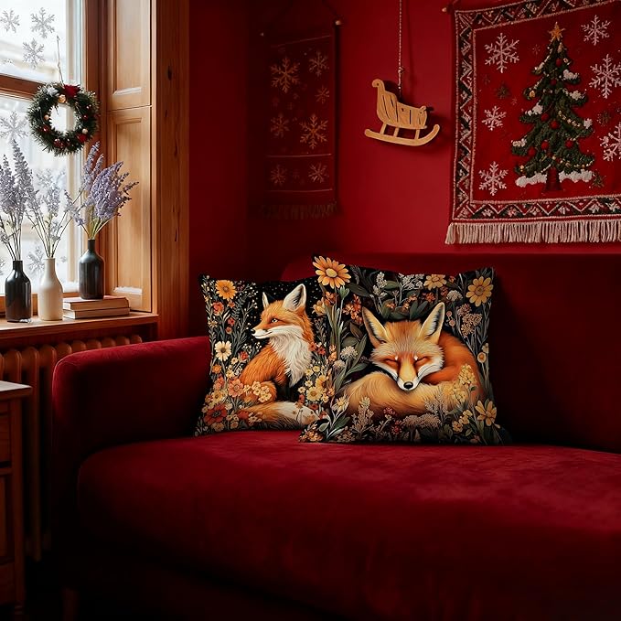 William Morris Inspired-Boho Floral Fox Pillow Covers 18x18 Set of 2, Cottagecore Room Home Decor, Dark Floral Botanical Cute Fox Forest Animal Decor Pillow Covers for Home Living Room Bedroom